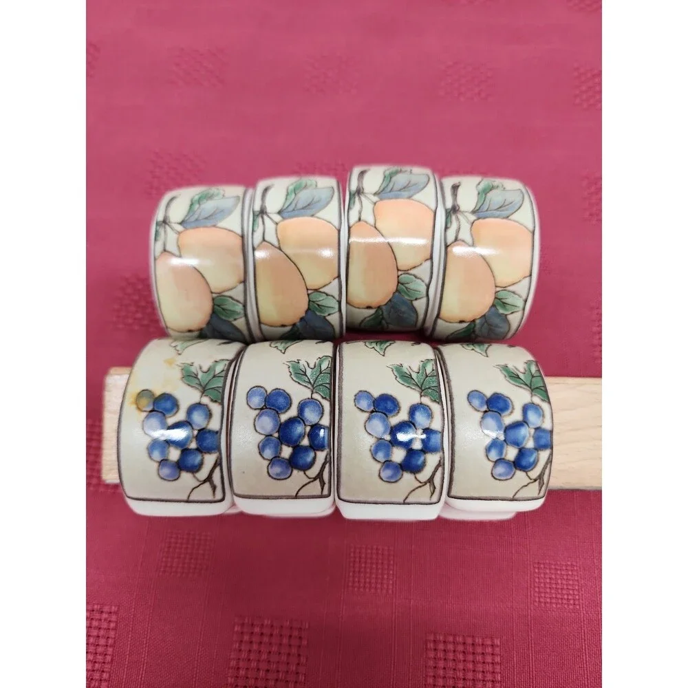Mikasa Garden Harvest Napkin Rings Set Of 8 Stoneware~ Pears And Grapes EUC